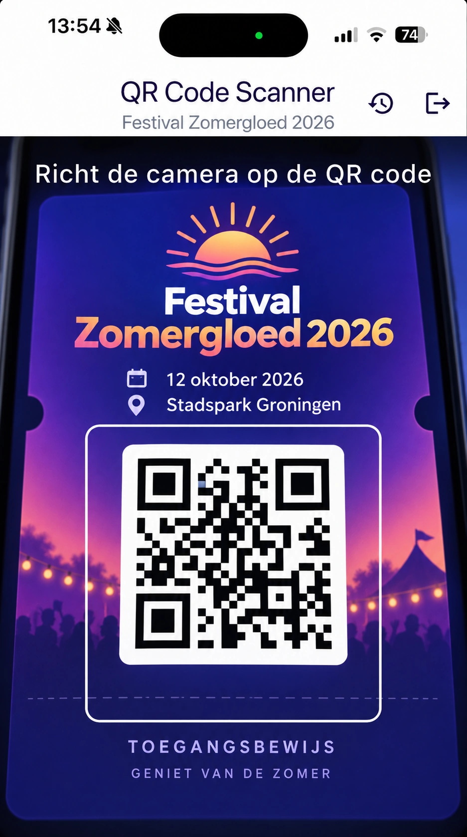 Eventries-scanner op een telefoon die een digitaal ticket controleert